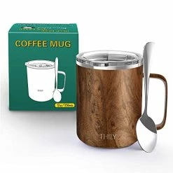 Hot Sale 😍 Stainless Steel Insulated Coffee Mug - THILY 12 Oz Vacuum Insulated Coffee Cup With Handle, Spill-Proof Lid, Reusable, BPA Free, Keep Coffee Cold Or Hot, Original Woodgrain 🔥 -Goblets & Chalices Sales Store 41Baw6ijoVL