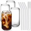 Discount 🔥 NETANY Drinking Glasses With Glass Straw 4pcs Set - 16oz Can Shaped Glass Cups, Beer Glasses, Iced Coffee Glasses, Cute Tumbler Cup, Ideal For Whiskey, Soda, Tea, Water, Gift - 2 Cleaning Brushes 🔔