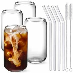 Discount 🔥 NETANY Drinking Glasses With Glass Straw 4pcs Set - 16oz Can Shaped Glass Cups, Beer Glasses, Iced Coffee Glasses, Cute Tumbler Cup, Ideal For Whiskey, Soda, Tea, Water, Gift - 2 Cleaning Brushes 🔔