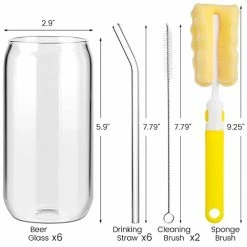 Discount ❤️ GEMWON [ 6Pcs Set ] Drinking Glasses With Straw -16oz Can Shaped Glass Cups, Beer Glasses, Iced Coffee Glasses, Cute Tumbler Cup, Ideal Cup For Whiskey, Soda, Tea, Water, Gift, With 3 Cleaning Brushes ⭐