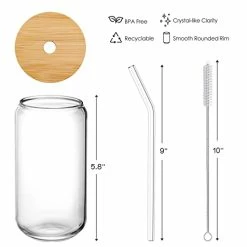 Best Sale 👍 NETANY [ 8pcs Set ] Drinking Glasses With Bamboo Lids And Glass Straw - 16oz Can Shaped Glass Cups, Beer Glasses, Iced Coffee Glasses, Cute Tumbler Cup, Ideal For Cocktail, Whiskey, Gift - 2 Cleaning Brushes ✔️ -Goblets & Chalices Sales Store 41cat85Ru1L