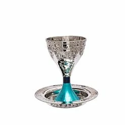 Best Pirce 🛒 Yair Emanuel 🔨 Hammered Modern Kiddush Cup With Turquiose Pedastal ⭐