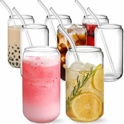 Best Sale 👍 NETANY [ 8pcs Set ] Drinking Glasses With Bamboo Lids And Glass Straw - 16oz Can Shaped Glass Cups, Beer Glasses, Iced Coffee Glasses, Cute Tumbler Cup, Ideal For Cocktail, Whiskey, Gift - 2 Cleaning Brushes ✔️ -Goblets & Chalices Sales Store 51AYHd4TS9L. AC