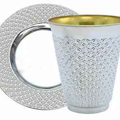 Promo 🔥 Exquisite 5.5 Oz Disposable Plastic Kiddush Cup And Tatz Silver Cup And Saucer Set For Passover, Shabbat, Wedding, Brit And Year Round -10 Count - 5 S 🥰