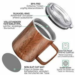 Hot Sale 😍 Stainless Steel Insulated Coffee Mug - THILY 12 Oz Vacuum Insulated Coffee Cup With Handle, Spill-Proof Lid, Reusable, BPA Free, Keep Coffee Cold Or Hot, Original Woodgrain 🔥 -Goblets & Chalices Sales Store 51IemPWa2iL