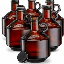 Promo π KooK Amber Glass Bottles, Growlers, With Black Plastisol Lined Lids, Beer, Soda, Cider, Kombucha, Set Of 6, 32oz π
