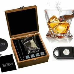 Brand new 🔔 Whiskey Cigar Glasses With Side Mounted Cigar Holder, 10 Oz + Whisky Chilling Stones And Accessories In Wooden Box - Scotch Bourbon Set For Dad, Husband, Fathers Day, 🥳 Birthday 🌟