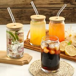 Outlet ❤️ VITEVER [ 6pcs Set ] Glass Cups With Bamboo Lids And Glass Straw - Beer Can Shaped Drinking Glasses, 16 Oz Iced Coffee Glasses, Cute Tumbler Cup For Smoothie, Boba Tea, Whiskey, Water - 2 Cleaning Brushes 🔥 -Goblets & Chalices Sales Store 51ZVcnaXAmL
