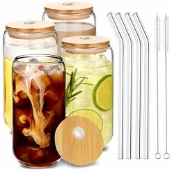 Best Pirce 😉 PUPUBLUE Drinking Glasses With Bamboo Lids And Glass Straw 4pcs Set - 16oz Can Shaped Glass Cups, Iced Coffee Glasses, Beer Glasses, Cute Reusable Bottle, Ideal For Whiskey, Tea, Gift - 2 Cleaning Brushes ❤️