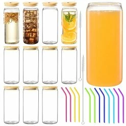 Top 10 💯 AJARAERA 20 Oz Glass Cups With Lids And Straws,Beer Can Glasses,Drinking Glasses, Iced Coffee Cup,Can Shaped Glass Cups Of 12 🧨