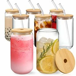 Best Sale 👍 NETANY [ 8pcs Set ] Drinking Glasses With Bamboo Lids And Glass Straw - 16oz Can Shaped Glass Cups, Beer Glasses, Iced Coffee Glasses, Cute Tumbler Cup, Ideal For Cocktail, Whiskey, Gift - 2 Cleaning Brushes ✔️
