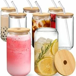Best Sale 👍 NETANY [ 8pcs Set ] Drinking Glasses With Bamboo Lids And Glass Straw - 16oz Can Shaped Glass Cups, Beer Glasses, Iced Coffee Glasses, Cute Tumbler Cup, Ideal For Cocktail, Whiskey, Gift - 2 Cleaning Brushes ✔️ -Goblets & Chalices Sales Store 51wICLJUcML. AC