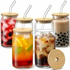 Outlet ❤️ VITEVER [ 6pcs Set ] Glass Cups With Bamboo Lids And Glass Straw - Beer Can Shaped Drinking Glasses, 16 Oz Iced Coffee Glasses, Cute Tumbler Cup For Smoothie, Boba Tea, Whiskey, Water - 2 Cleaning Brushes 🔥
